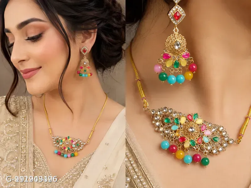 This gold-plated Kundan choker set features multicolored beads and artificial stones, resembling traditional Indian bridal jewelry