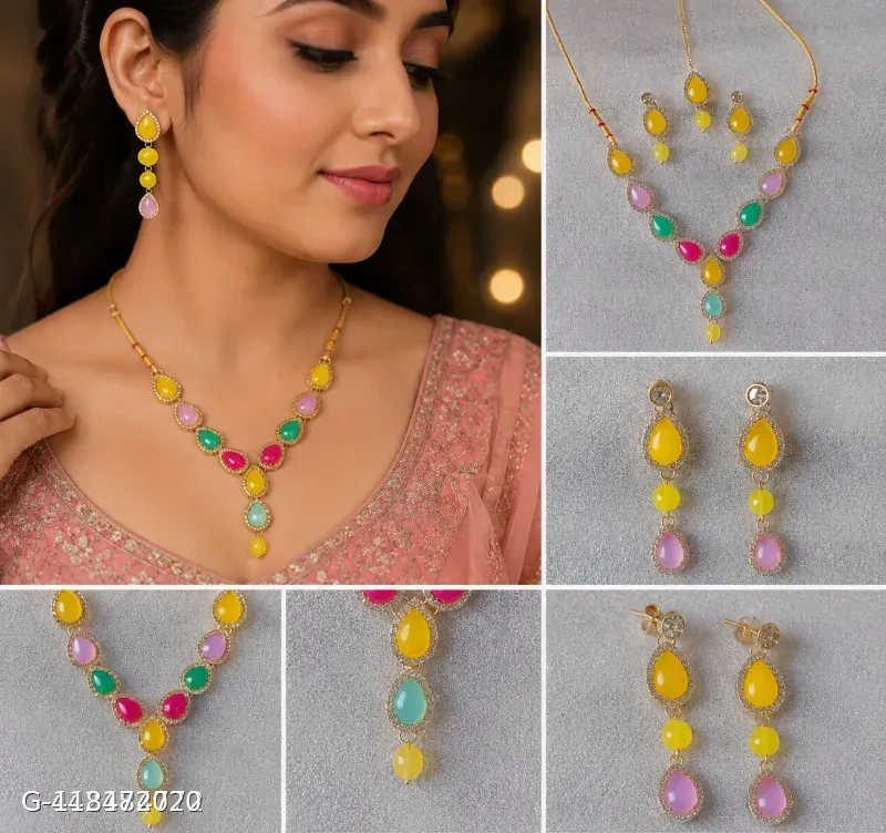 This multicolor gold-plated necklace set by Aadvik Designs features teardrop-shaped stones and matching earrings.